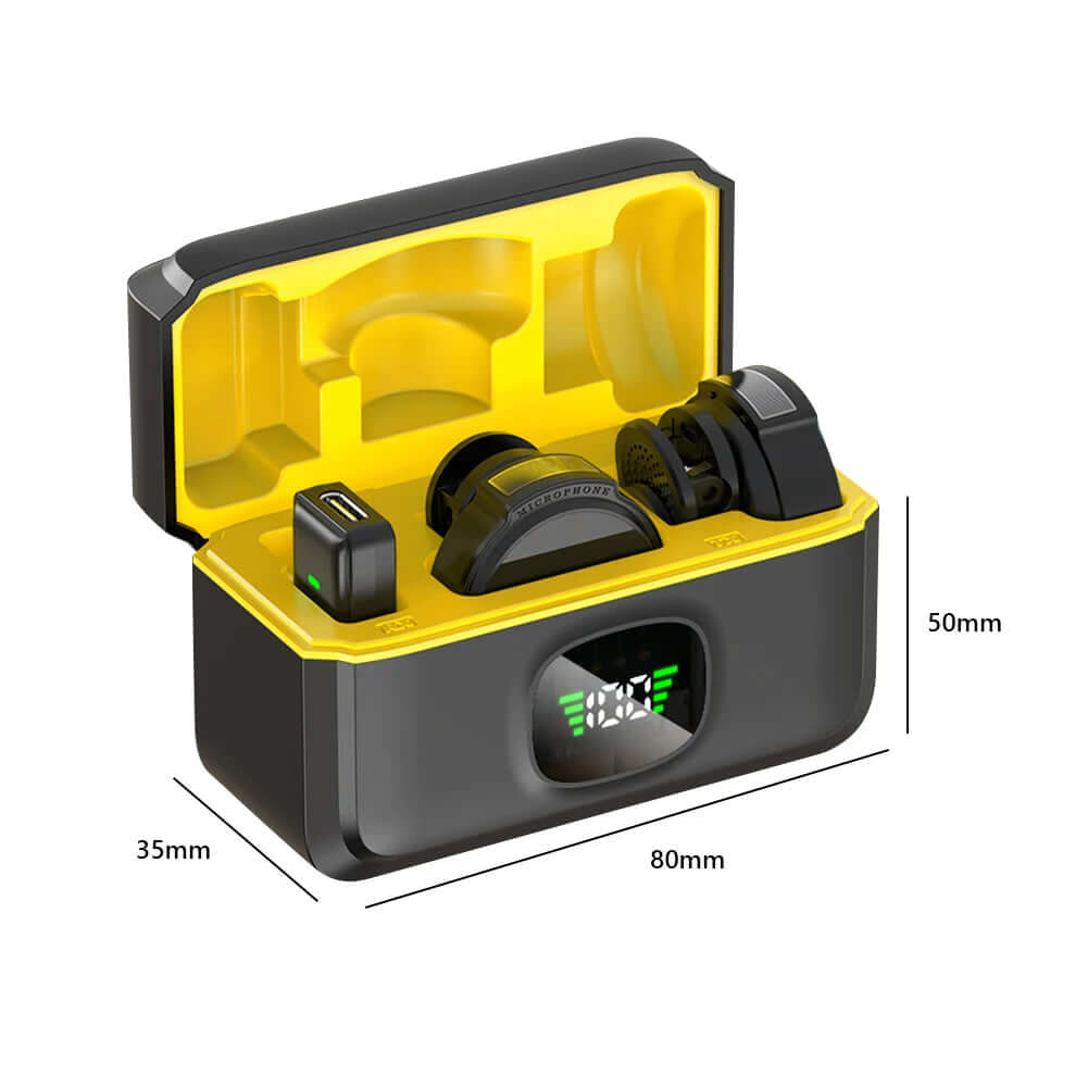 Xiaomi wireless lavalier microphone for iPhone and Android shown in a compact charging case design.